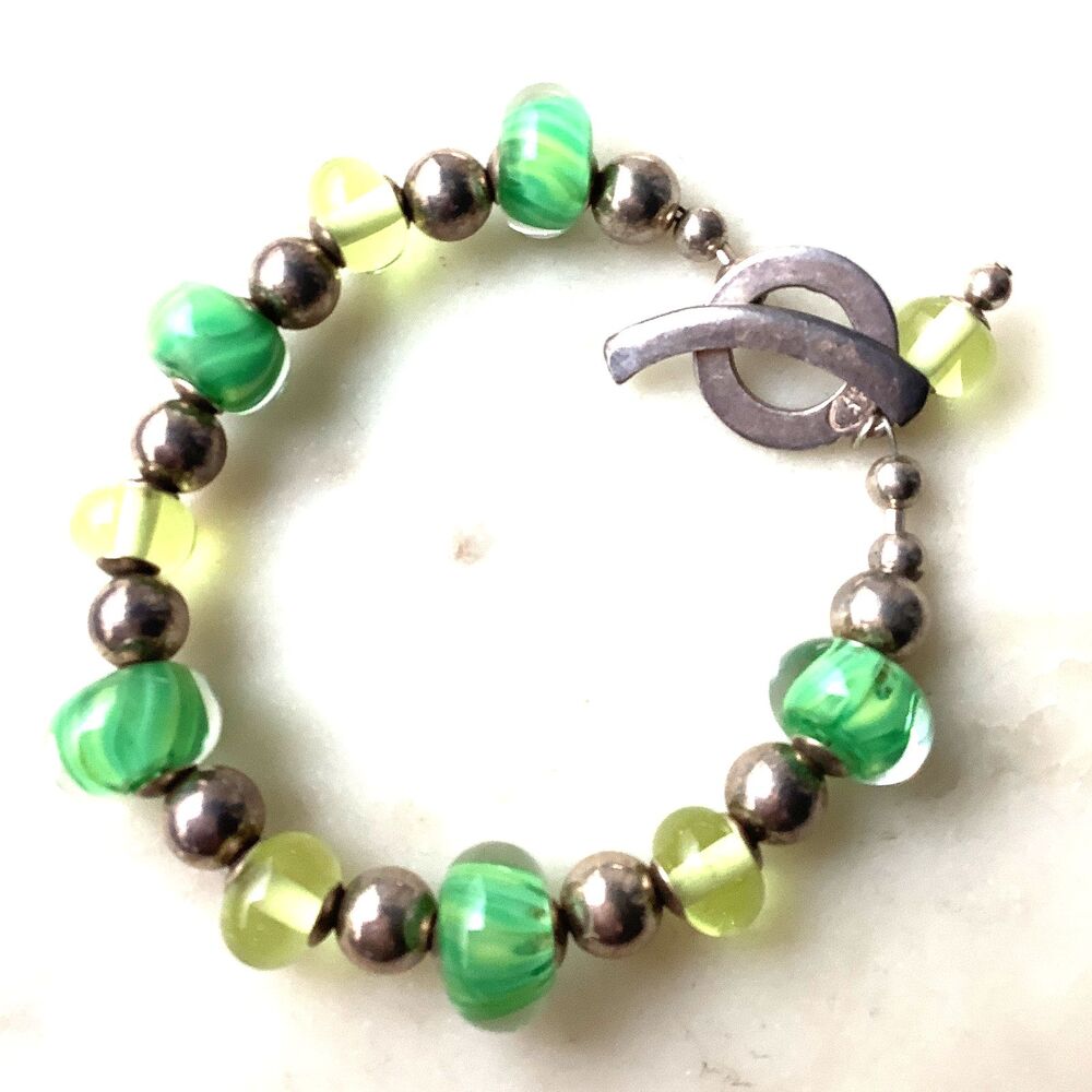 Vintage Art Glass Bracelet Sterling Silver 925 Artisan Hand Blown Beads 6.75"